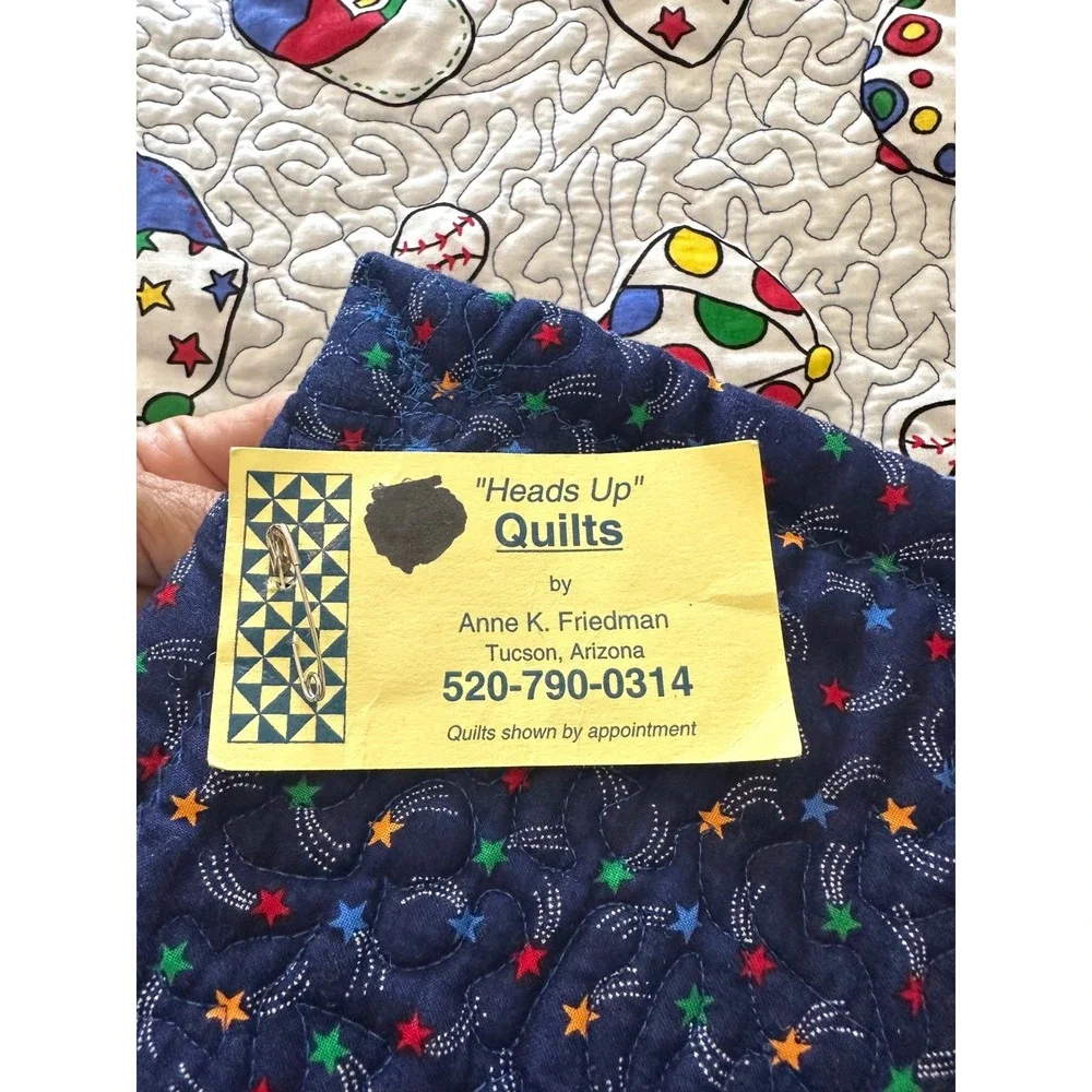 Adorable Vintage Handmade Baseball Caps/ Stars Baby Quilt 48x36 Reversible/Fun!